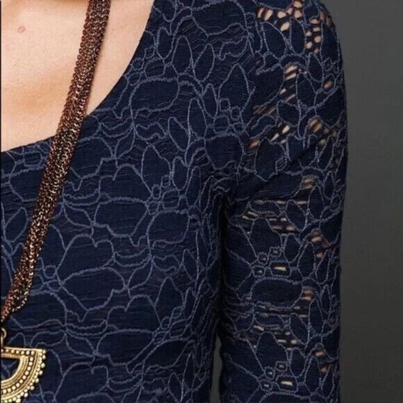 Free People Size S Navy Rose Garden Floral Lace Dress Fit n Flare 3/4 Sleeve - Picture 3 of 13